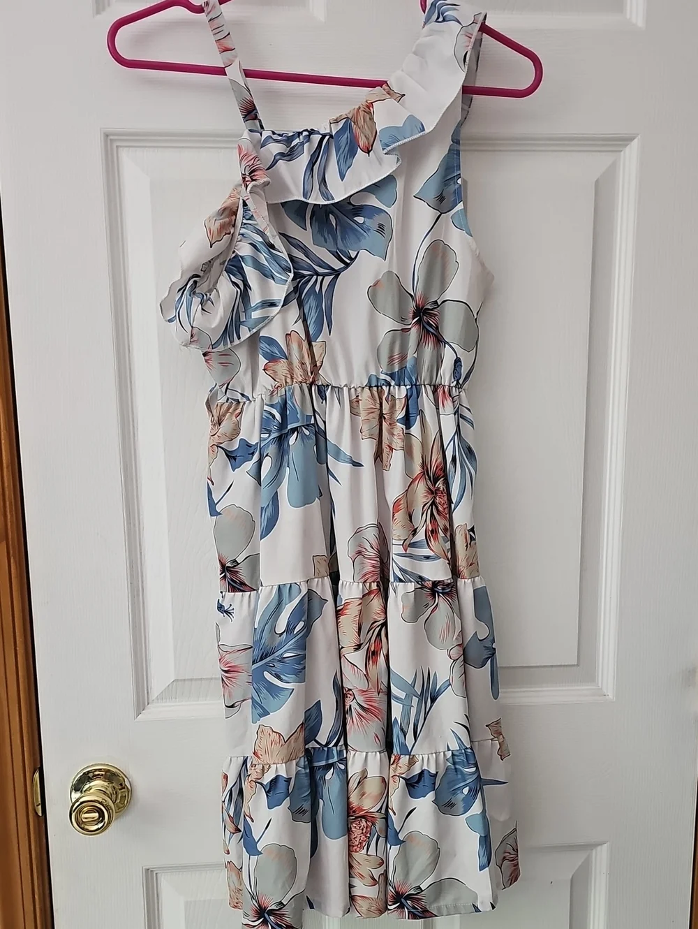 SHEIN White Floral One-Shoulder Sundress with Blue and Tan Print
